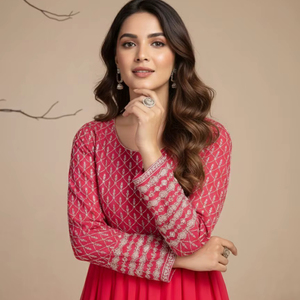 Vestido Anarkali de Georgette Rosa Bordado, Manga Larga, Cuello Barco, Largo, para Fiestas, Completamente Cosido, Vestido Étnico - Product Image 1