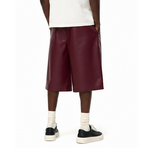Men's Burgundy <b>Leather</b> Bermuda <b>Shorts</b> Drawstring Closure Solid Color Casual Woven Coated Breathable With Pockets <b>Leather</b> <b>Short</b> - Product Image 6