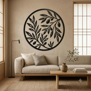 Couronne murale élégante en métal noir avec branche d'olivier, décoration minimaliste en forme de feuille pour salons contemporains - Product Image 2