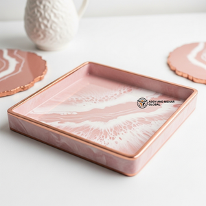 Plateau effet marbre rose design avec bordure dorée métallique |   Plateau de décoration moderne - Product Image 6