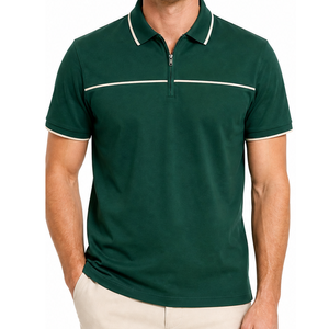 เสื้อโปโลสีเขียวมรกตคุณภาพสูง OEM สำหรับผู้ชาย ซิปติดแถบตัดสี แขนสั้น ระบายเหงื่อได้ดี - Product Image 1