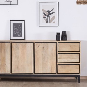 Vandana Autumn Living two-tone, sleek <b>sideboard</b> in natural and black mango wood, 180 cm, with 3 doors and drawers - Product Image 3