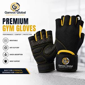Ganvox Global Premium Mesh Customizable Unisex Weight Lifting Gym Gloves Black Yellow <b>Half</b> Finger Breathable Anti <b>Slip</b> Wrist - Product Image 1