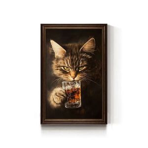 Vintage Beer Bar Animal <span class=keywords><strong>Wall</strong></span> Art Canvas, antropomórfico Dog Cat Pintura a óleo para presente ou decoração do quarto - Product Image 1