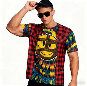New article <b>Men's</b> Tie-Dye Plaid Short Sleeve O-Neck T-Shirt With Smiley Helmet Print Casual Wear - Product Image 1
