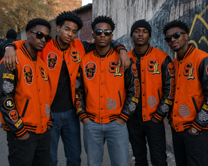 Veste universitaire personnalisée pour homme, veste bomber de baseball noire et orange avec broderie de crâne | Fabricant en gros OEM/ODM - Product Image 5