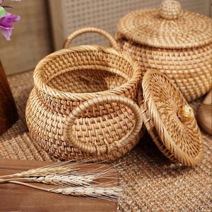 Panier de rangement rond en rotin naturel avec couvercle, boîte en rotin écologique multi-usages pour la décoration de table, boîte à collations, panier, bac - Product Image 3