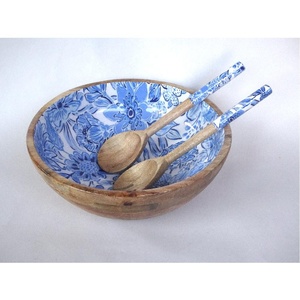 Cuenco decorativo de madera con Servidor de ensalada de madera de mango floral y cuencos Cuencos de madera de diseñador con juegos de ensalada - Product Image 3