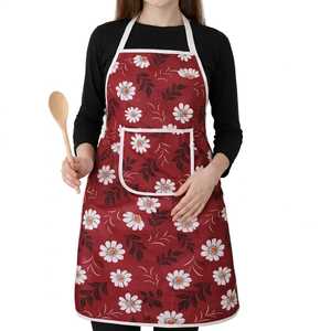 Floral Print Cotton <b>Apron</b> for Women Red with <b>White</b> Daisies and Pocket Restaurant Bar Use - Product Image 1