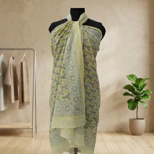 Yellow Grey Floral Hand Block Printed Cotton <b>Sarong</b> Scarf with Geometric Border Lightweight Beach Wrap Stole for Women - Product Image 5