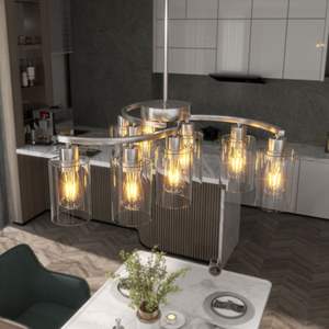 Lustre moderne à 9 lumières en verre nickel brossé, réglable, pour salle à manger, îlot de cuisine, salon - Product Image 4