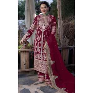 Ensemble rouge tendance pour femmes haut de travail à broderie en georgette avec palazzo et dupatta - Product Image 1