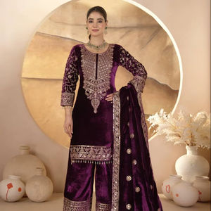 Surat Suit Pure Heavy Viscose Velvet Floor-Length Modern Kurta / <b>Kurti</b> Women Full Sleeve Heavy Embroidery Fancy Party Ready Wear - Product Image 1