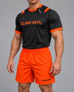 Maillot de football CLAW INTL pour homme, noir et orange, imprimé par sublimation, col rond, manches courtes, évacuation de l'humidité, polyester, coupe athlétique - Product Image 2