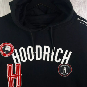 Sweat-shirt à capuche noir pour femme, manches longues, en coton tricoté, style streetwear, avec patchs brodés, logo appliqué sur le devant - Product Image 2