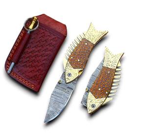 Cuchillo Utilitario Profesional de Acero de Damasco de Alta Calidad, Venta Caliente al por Mayor, 58 HRC, Punta Caída, Mango de Latón con Diseño de Panal - Product Image 1