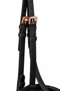 High Quality <b>Black</b> Leather Horse Bridle with Pearl Studded Browband Padded Headstall Adjustable Straps <b>Rose</b> Gold Buckles - Product Image 6