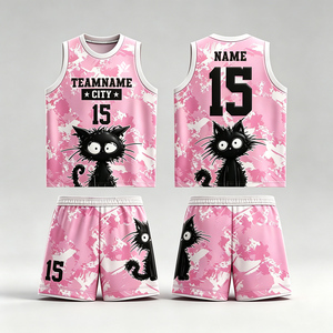 ชุดเสื้อบาสเก็ตบอลแบบยูนิเซ็กซ์พร้อมลายพิมพ์การ์ตูนแมวแบบซับลิเมชั่น 15 ทีมเนมซิตี้เสื้อกล้ามแขนกุดสีขาวและกางเกงขาสั้น - Product Image 3