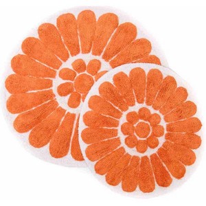 Tapis de bain ronds en coton à motifs floraux, lot de 2, orange et blanc, à poils touffus, avec dos antidérapant en caoutchouc, pour usage domestique - Product Image 1