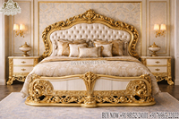 Ensemble de lit DST Exports en teck sculpté avec visage de lion, finition blanc or moderne, taille standard, hauteur réglable, 2 tiroirs, chambre à coucher