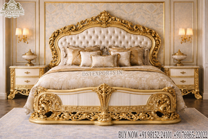 Exquisito Juego de Cama de Madera de Teca con Cabeza de León Tallada, Acabado Blanco y Dorado Victoriano, Compre Muebles de Dormitorio Reales Personalizados - Product Image 6