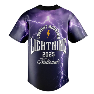 Maillot de baseball personnalisé sublimé unisexe à manches courtes, imprimé éclairs violets, anti-humidité, avec boutons sur le devant, pour adulte - Product Image 3