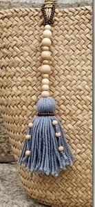 Handmade Wooden Bead <b>Tassel</b> With Gray Yarn Fringe Decorative Keychain - Product Image 3