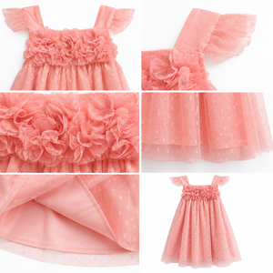 Vestido de tul rosa con lunares para niñas, vestido de fiesta hasta la rodilla, sin mangas, con volantes, corte en A - Product Image 3