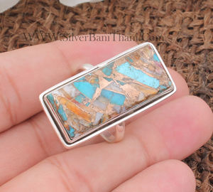 Bague rectangulaire en turquoise cuivrée naturelle de haute qualité, argent sterling 925, bijoux géométriques bohèmes en pierres précieuses pour femmes - Product Image 2