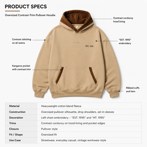 Sudadera con Capucha Oversize de 400 g/m², Color Beige Arena, Estilo Vintage, con Ribete de Pana, OEM, para Hombre, con Bolsillo - Product Image 5
