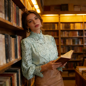 Oferta especial en Temu |   Blusa Retro con Cuello Mao y Encaje para Mujer, Camisa Casual Elegante con Mangas Abullonadas y Diseño Calado para el Día a Día - Product Image 3
