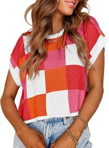 SAJZA Women's Casual Breathable Plaid Jacquard <b>Sleeveless</b> Short Crop <b>Tops</b> Summer Thin Color Block <b>Knit</b> Shirt Washable - Product Image 5