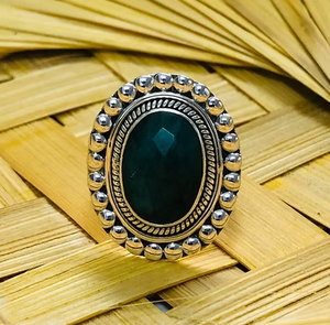 Natural <b>Emerald</b> Agate Gemstone <b>Ring</b> 925 Sterling <b>Silver</b> Vintage Oval Statement Women Jewelry Gift For Women - Product Image 4