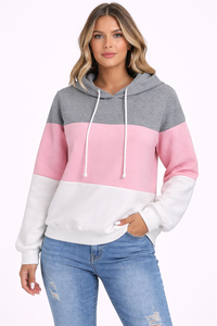 Women Grey Pink Colorblock Hoodie Sweatshirt Casual <b>Long</b> <b>Sleeve</b> Drawstring Hooded Pullover <b>Top</b> Soft Cotton Blend Winter Autumn - Product Image 1