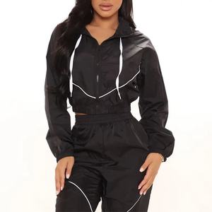 New Arrived <b>Women's</b> Nylon 2 Pcs Tracksuit Custom Logo Windbreaker Cropped Zipper <b>Jacket</b> and Trouser Color Block Ladies Track Set - Product Image 4