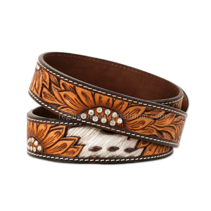 New Arrival Western Cowboy Leather <b>Belt</b> for Men Women Floral Tooled Brown <b>Belt</b> with Hair On Cowhide Rhinestone <b>Silver</b> <b>Buckle</b> - Product Image 2