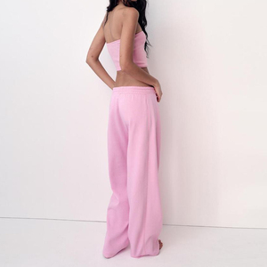 Custom Solid Cotton Lightweight Lady Tube Top and Wide Leg Jogger <b>Pants</b> Set Women Two Piece Jogging Outfit - Product Image 1
