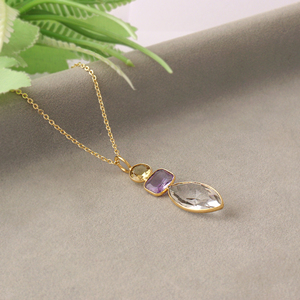 Wholesale 18k gold plated citrine amethyst crystal quartz briolette pendant checker cut stone necklace brass <b>cable</b> chain jewelry - Product Image 5