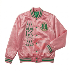 Veste bomber de sororité AKA Sorority Spring Collegiate Greek Apparel, verte et rose, pour femmes, coupe courte, respirante, en satin tricoté, broderie sororité. - Product Image 6