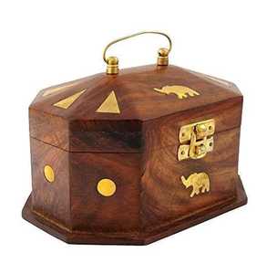 Handcrafted Wooden Elephant Inlay Storage Box Octagonal Jewelry Keepsake Box Brass <b>Handle</b> Latch Lock Portable Storage <b>Chest</b> - Product Image 1