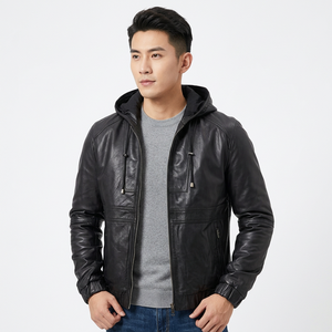 Veste en cuir de mouton à capuche pour homme, style zippé, coupe slim, couleur unie, coupe-vent, avec logo frontal, idéale pour le printemps - Product Image 2