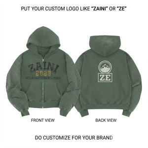 Sweat à capuche zippé en coton et polyester tissé 320 GSM de qualité supérieure, vert olive, avec empiècements contrastants aux manches, logo personnalisé, coupe classique pour homme, hiver - Product Image 1