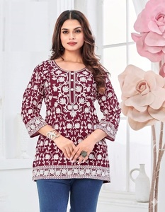 GEORGETTE Kurti Corto para Mujer, con Trabajo Completo de Bordado en la Parte Delantera y Trasera, con Mangas, Estilo Tradicional Indio para Fiestas - Product Image 2