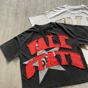 T-shirt surdimensionné vintage pour homme, personnalisé par le fabricant, en tissu éponge délavé à l'acide, 100% coton, respirant, séchage rapide, broderie patchwork, effet vieilli - Product Image 3