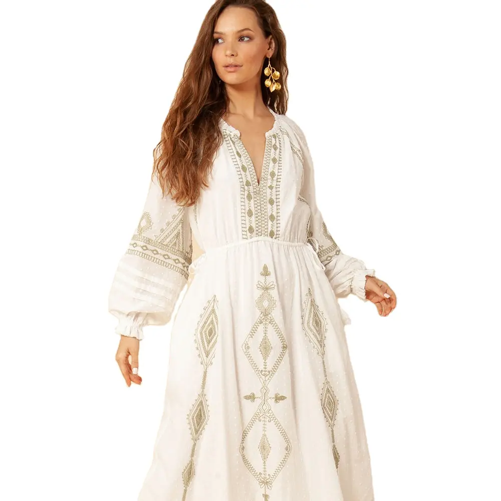 2024 New Style Embroidery Puff Long Sleeve Designer White Cotton Designer Floor Length Maxi