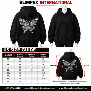 Sudadera con Capucha Personalizada con Pedrería de Mariposa, Unisex, Oversize, Negra, Estilo Pullover, OEM, Marca Privada, Streetwear, Blimpex International - Product Image 6
