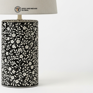 Handcrafted <b>Blue</b> Bone Inlay <b>Table</b> Lantern with Floral Pattern Luxury Decorative <b>Bedside</b> Lamp with Fabric Shade for Home & Hotel - Product Image 4