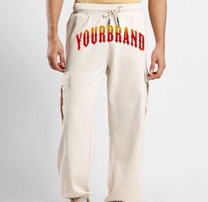 Pantalon cargo droit vintage en laine pour homme avec cordon de serrage à la taille, imprimé logo flamme audacieux, mélange lin/coton, tenue décontractée pour l'automne - Product Image 4
