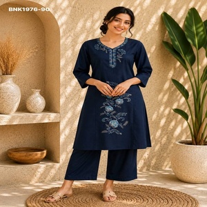Conjunto de Kurti-Plazzo largo de algodón de alta calidad 60-60 con trabajo de hilo, lentejuelas y cuentas, a juego en color, listo para usar, para mujer. - Product Image 1