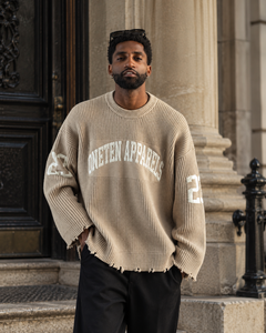 Pull en tricot surdimensionné pour homme Oneten Apparels, beige, col rond, style uniforme scolaire - Product Image 1
